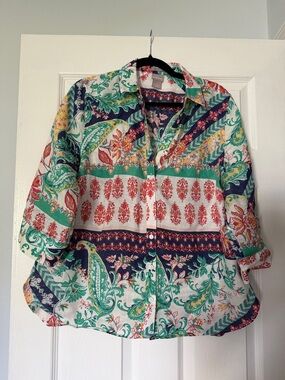 Chico's Multicolor Paisley & Floral Shirt — Navy, Green, Red, White